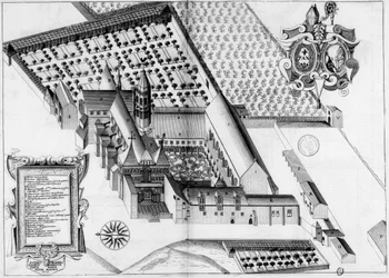 Placa do século XVII gravada representando a Abadia de La Sauve-Majeure, França, no livro Monasticon Gallicanum